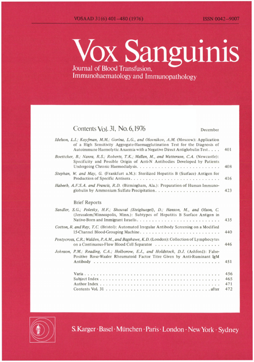 Vox Sanguinis Cover Image for Volume 31, Issue 6