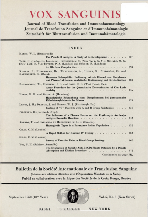 Vox Sanguinis Cover Image for Volume 5, Issue 5