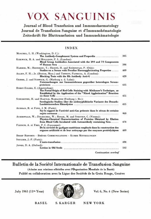 Vox Sanguinis Cover Image for Volume 6, Issue 4