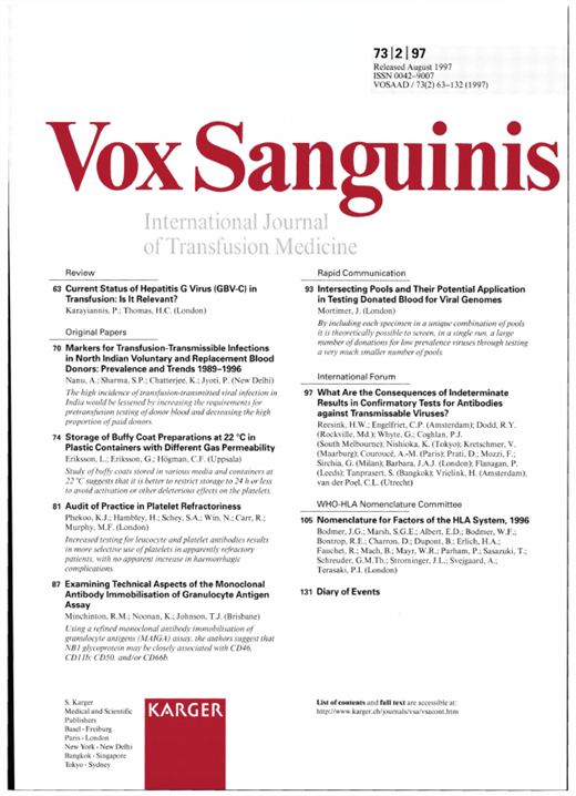 Vox Sanguinis Cover Image for Volume 73, Issue 2