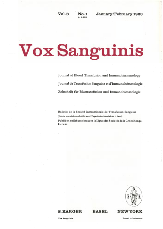Vox Sanguinis Cover Image for Volume 8, Issue 1