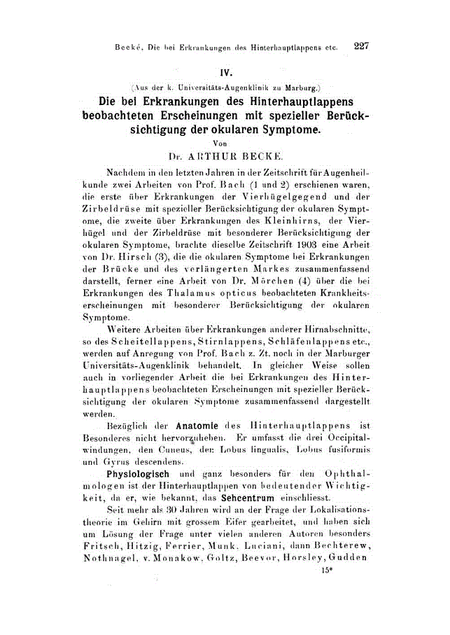 First page of IV. Die bei Erkrankungen des Hinterhauptlappens beobachteten Erscheinungen mit spezieller Berücksichtigung der okularen Symptome