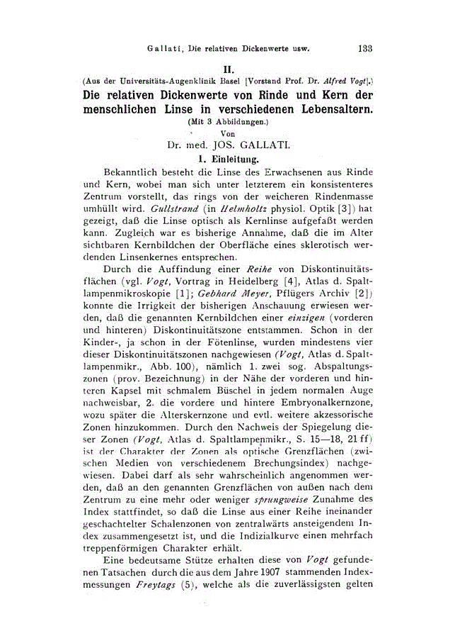 First page of II. Die relativen Dickenwerte von Rinde und Kern der menschlichen Linse in verschiedenen Lebensaltern<subtitle>Mit 3 Abbildungen</subtitle>