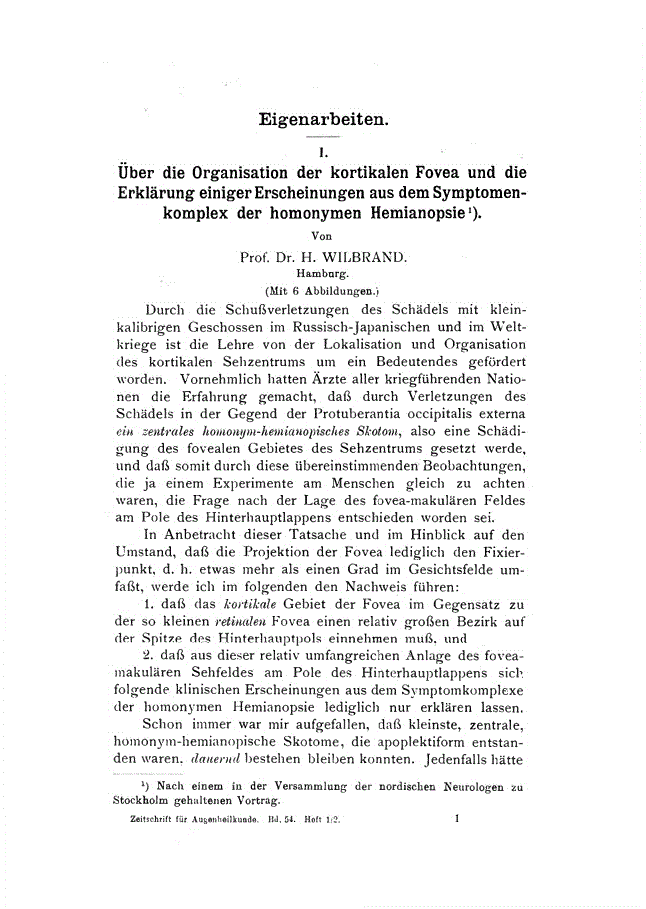 First page of I. über die Organisation der kortikalen Fovea und die Erklärung einiger Erscheinungen aus dem Symptomenkomplex der homonymen Hemianopsie