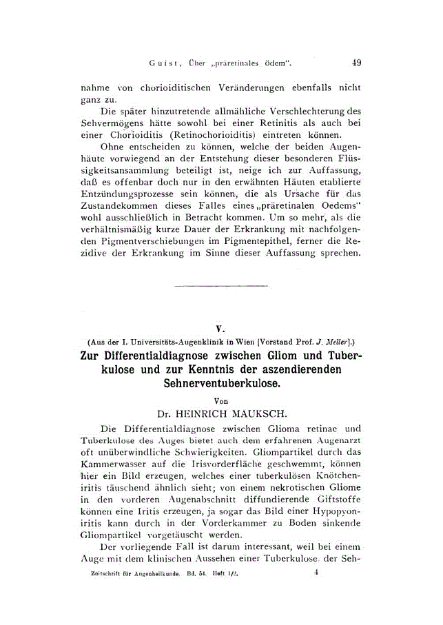 First page of V. Zur Differentialdiagnose zwischen Gliom und Tuberkulose und zur Kenntnis der aszendierenden Sehnerventuberkulose