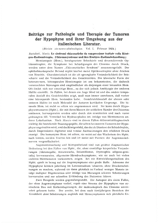 First page of Beiträge zur Pathologie und Therapie der Tumoren der Hypophyse und ihrer Umgebung aus der italienischen Literatur