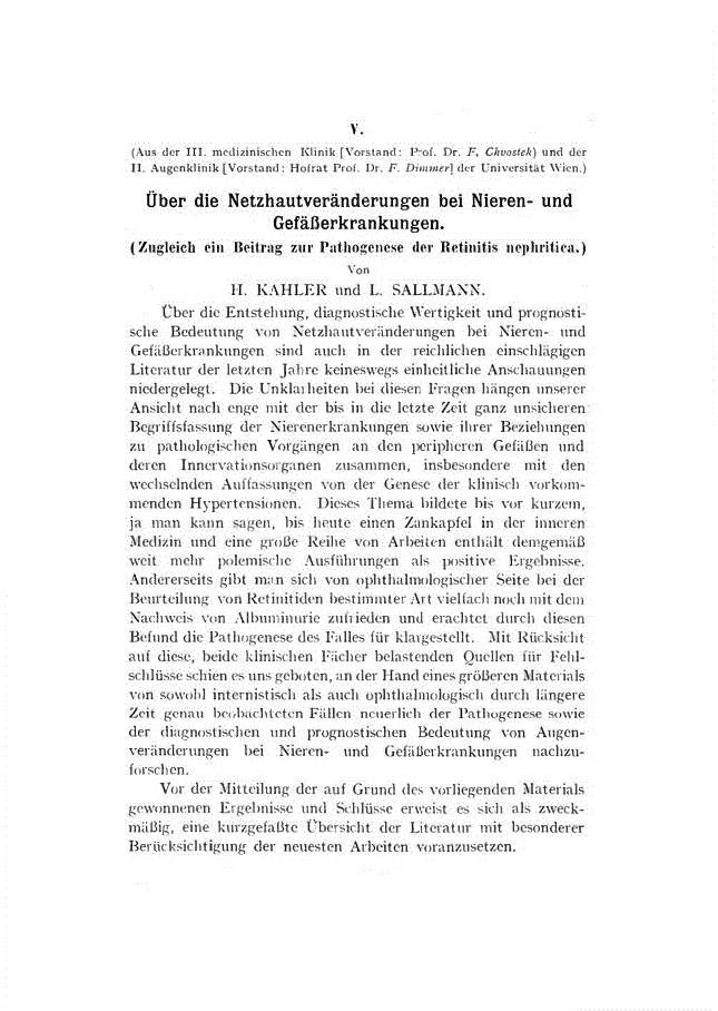 First page of V. über die Netzhautveränderungen bei Nieren- und Gefäßerkrankungen<subtitle>Zugleich ein Beitrag zur Pathogenese der Retinitis nephritica</subtitle>