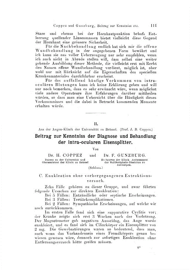 First page of II. Beitrag zur Kenntniss der Diagnose und Behandlung der intra-ocularen Eisensplitter