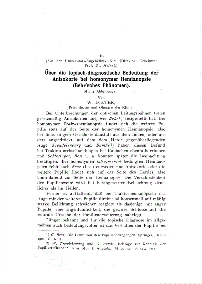 First page of II. über die topisch-diagnostische Bedeutung der Anisokorie bei homonymer Hemianopsie (Behr'sches Phänomen)<subtitle>Mit 4 Abbildungen</subtitle>