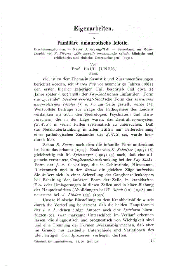 First page of I. Familiäre amaurotische Idiotie